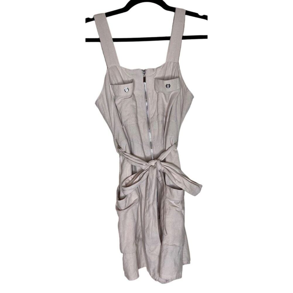 Altard State Utility Romper Beige Tie Waist Zip Front Pockets Size S